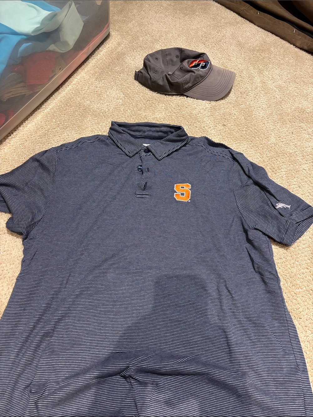 Tommy Bahama Syracuse Navy Striped Polo with Orange 'S' Logo